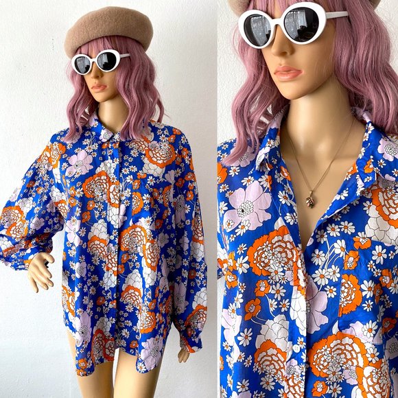 Floral Blouse Retro Blouse Flower Print Top RAILS Colorful Top Groovy Blouse SML - Picture 1 of 12